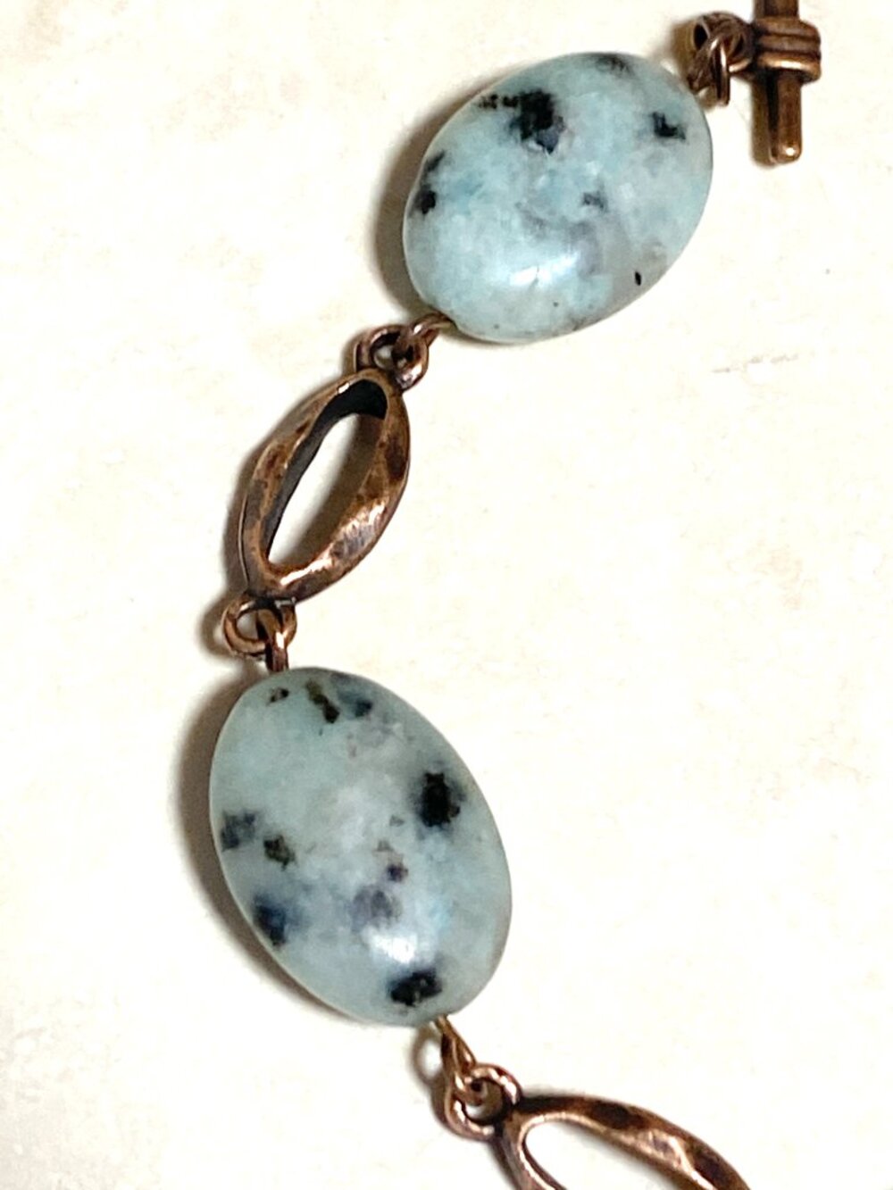 2/$20, Natural Kiwi Stone Bracelet, Genuine Gemstone & Copper Links - Picture 2 of 10